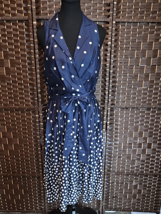 Anne Klein Dresses & Skirts - Anne Klein Navy and White Polka Dot Sleeveless Wrap Midi Dress